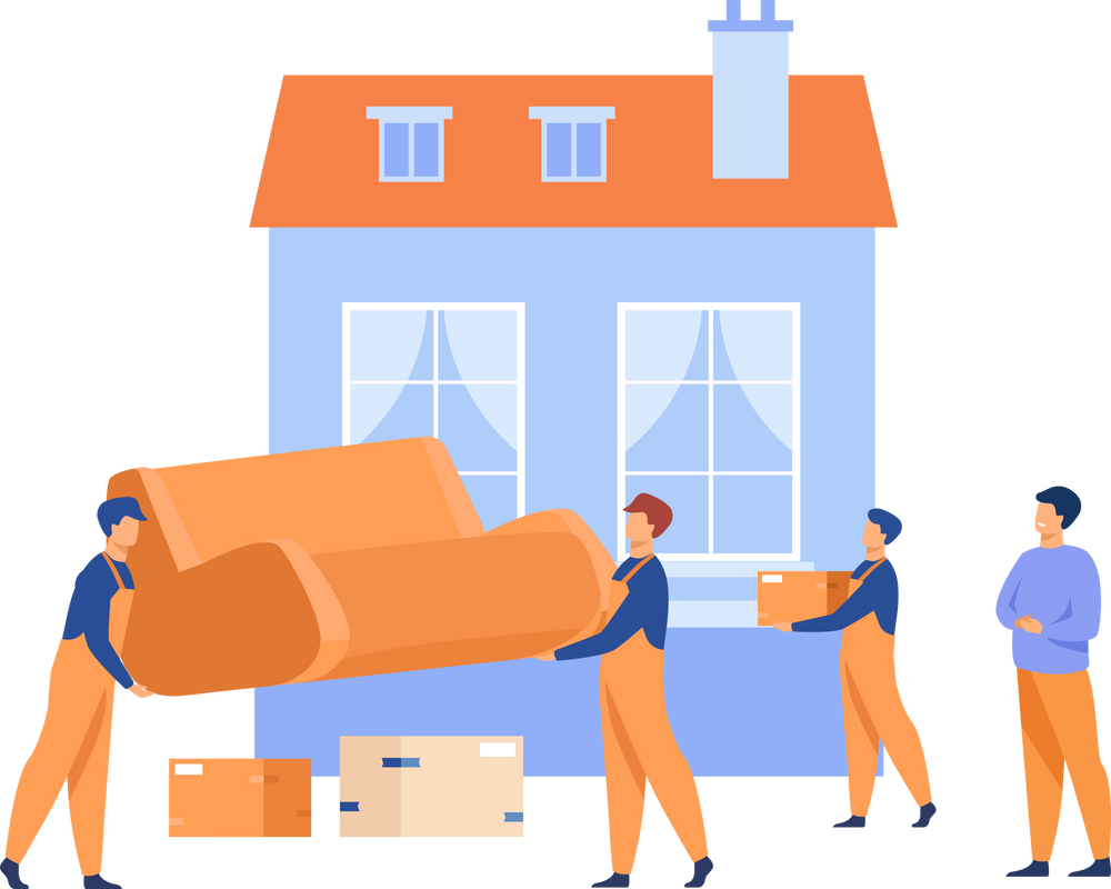 Couple moving out house and giving key to agent. Movers carrying furniture. Illustration concept